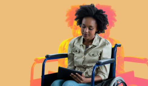 Black woman in a wheelchair on a tablet. She is in front of a stylized orange background.